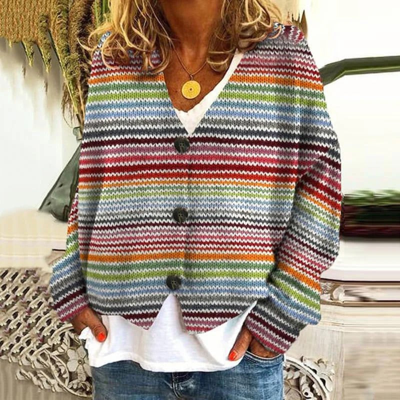 Women’s Cardigan – Relaxed Fit – Knitted – Wave Pattern – Button Front – Hip Length