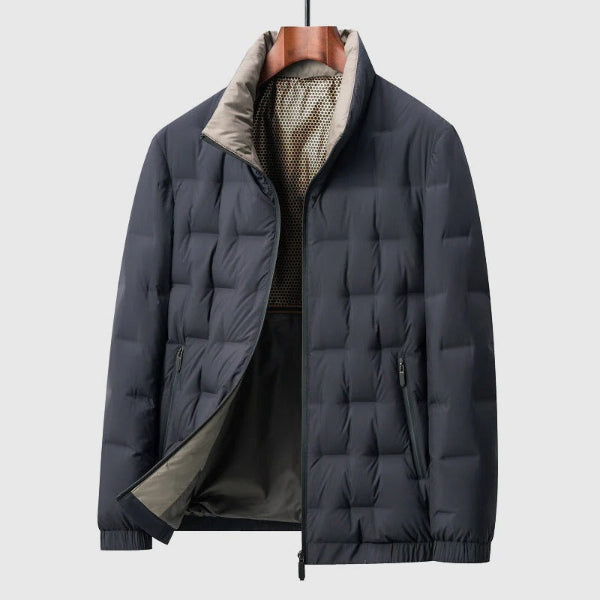 Men's Quilted Down Jacket With Stand Collar, Regular Fit, Zipper Closure, Winter Puffer Coat For Men