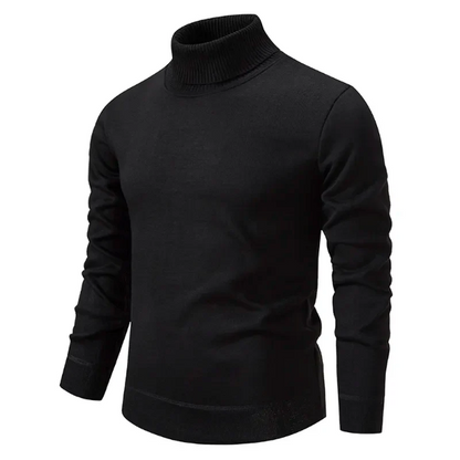 Men Roll Neck Cotton Pullover Slim Fit Ribbed Trim Minimalist Style Black Everyday Casual Sweater