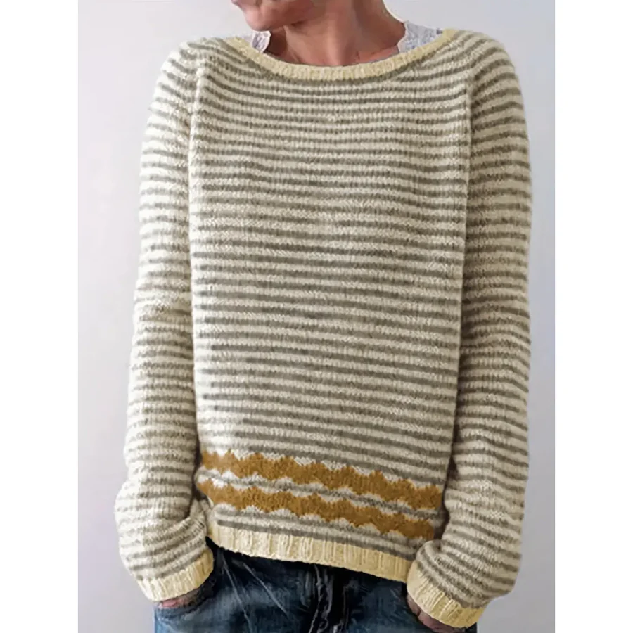 Women’s Pullover Sweater – Wool Knit – Relaxed Fit – Striped Long Sleeve Casual Wear