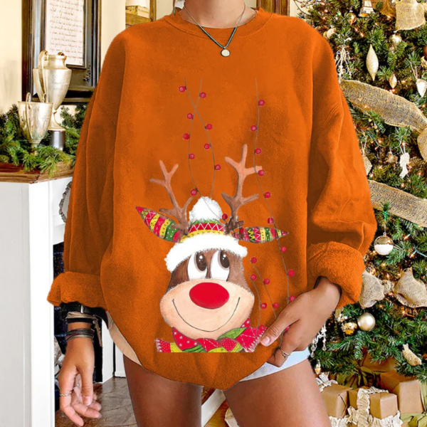 Women’s Pullover Sweater – Relaxed Fit – Soft Knit – Reindeer Graphic – Ribbed Hem
