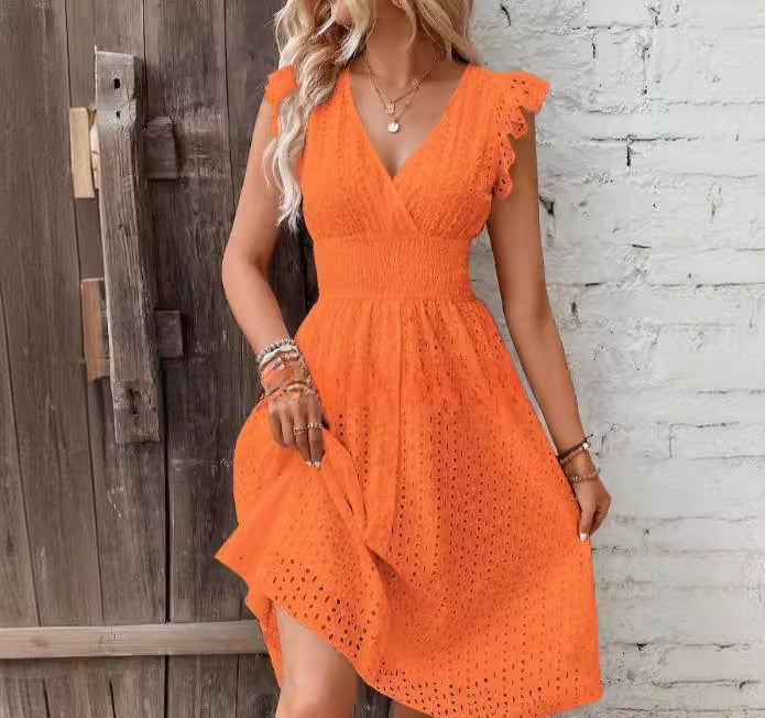 Women’s Wrap Dress – A-Line Fit – Eyelet Embroidery – Ruffled Sleeves – Breathable