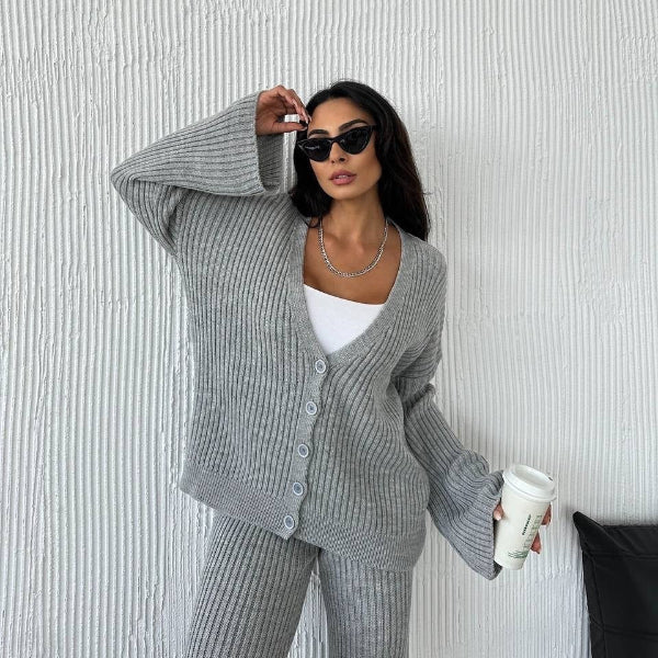 Women’s Two-piece Button-Front Cardigan – Knitted Ribbed – Oversized Fit – Wide Sleeves Lounge