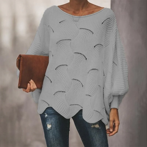 Women’s Knit Sweater – Relaxed Fit – Wool Blend – Batwing Sleeves – Scalloped Hem