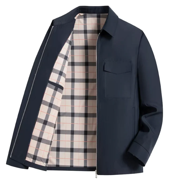 Men's Slim Fit Jacket TrendAura Tailored Hip Length Front Zipper Flap Pockets Check Lined