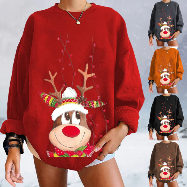 Women’s Pullover Sweater – Relaxed Fit – Soft Knit – Reindeer Graphic – Ribbed Hem