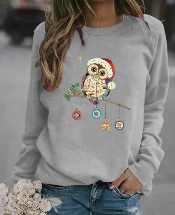 Women’s Sweatshirt – Relaxed Fit – Cotton Blend – Crew Neck – Festive Owl Print