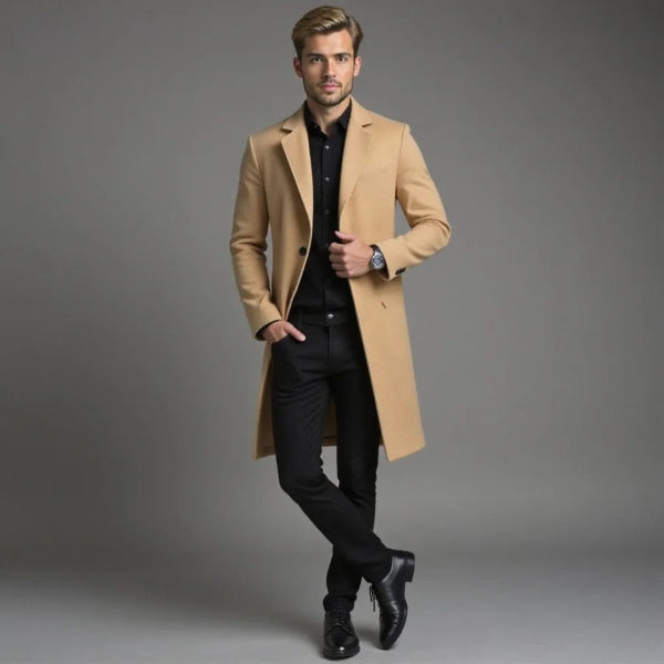 Men's Wool Blend Long Coat Tailored Fit Single Breasted Formal Outerwear For Winter