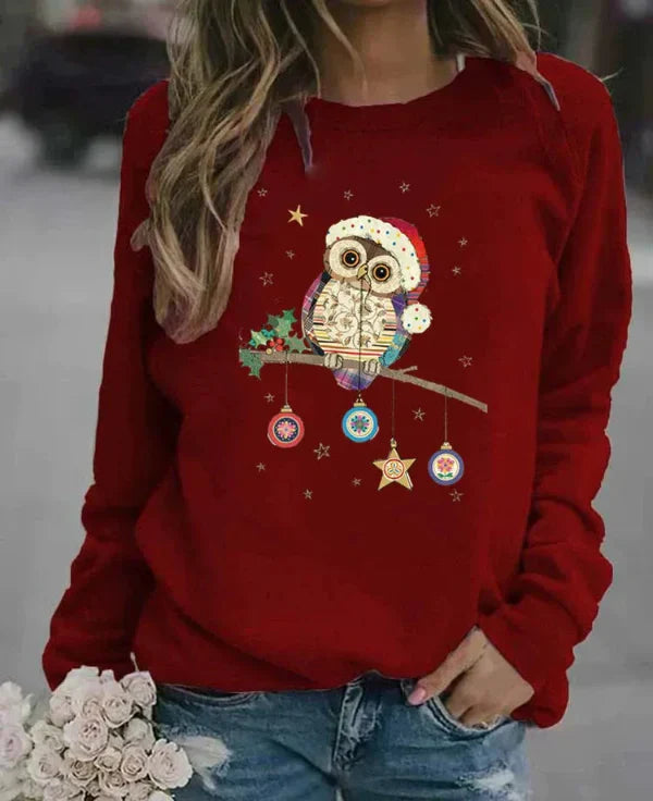 Women’s Sweatshirt – Relaxed Fit – Cotton Blend – Crew Neck – Festive Owl Print