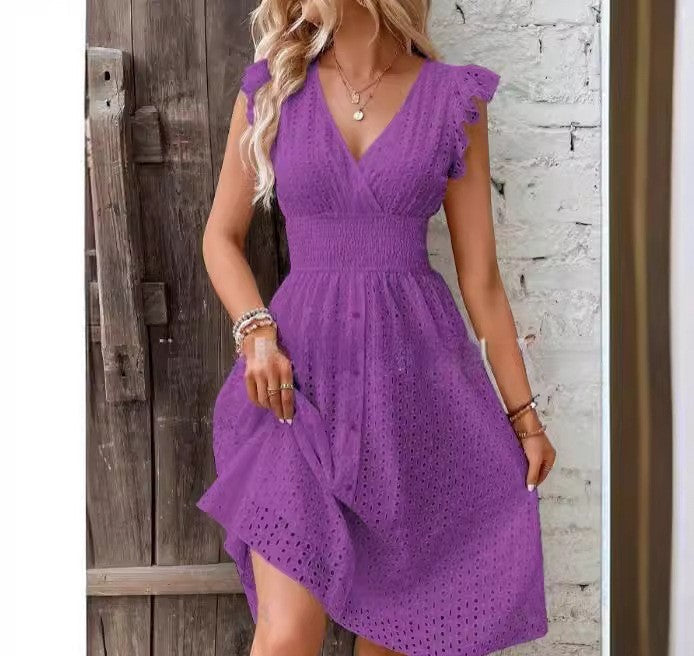 Women’s Wrap Dress – A-Line Fit – Eyelet Embroidery – Ruffled Sleeves – Breathable
