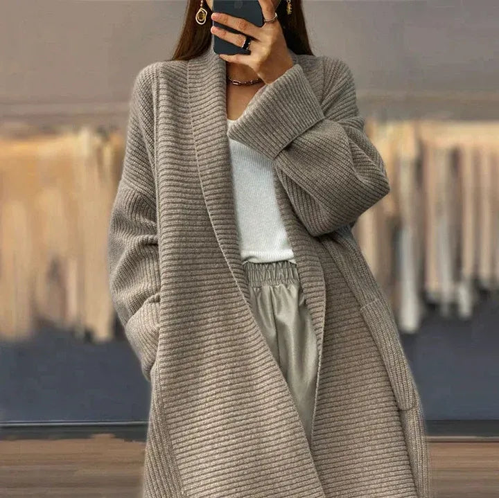 Women’s Long Cardigan – Oversized Fit – Wool Blend Knit – Open Front – Ribbed Texture