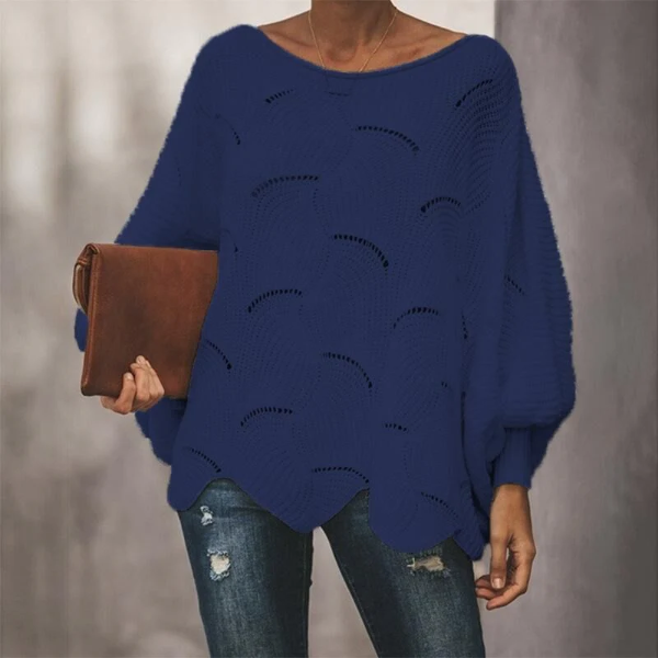 Women’s Knit Sweater – Relaxed Fit – Wool Blend – Batwing Sleeves – Scalloped Hem