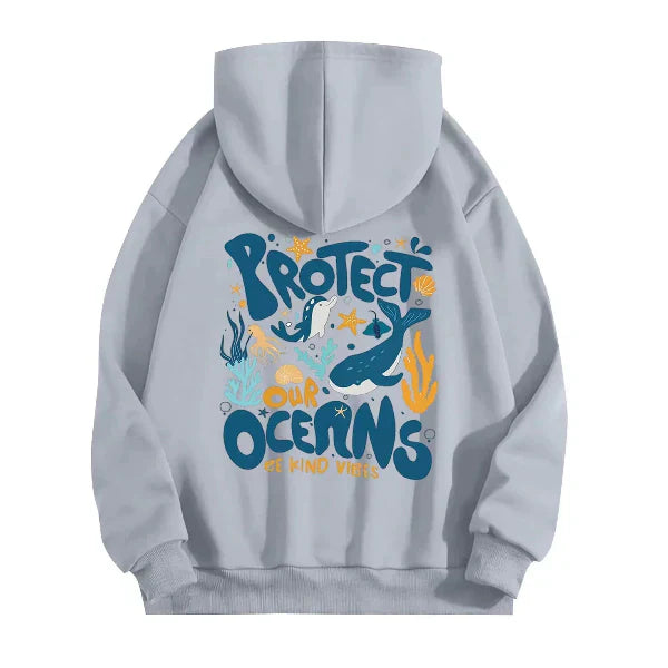 Women’s Hooded Sweatshirt – Oversized Fit – Cotton Feel – Marine Graphic Back Print