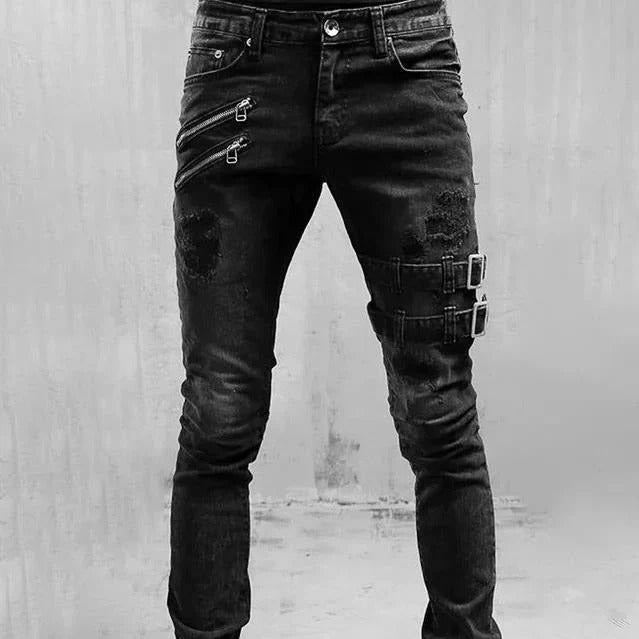 Men's Slim Fit Distressed Denim Jeans With Zipper Detail And Gothic Buckle Accents