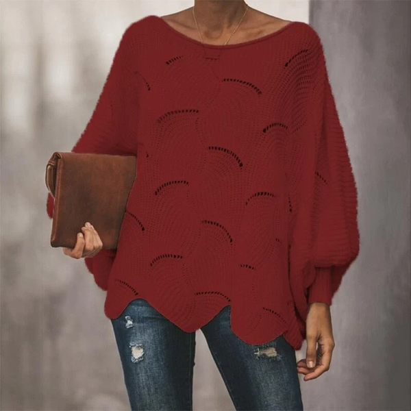 Women’s Knit Sweater – Relaxed Fit – Wool Blend – Batwing Sleeves – Scalloped Hem