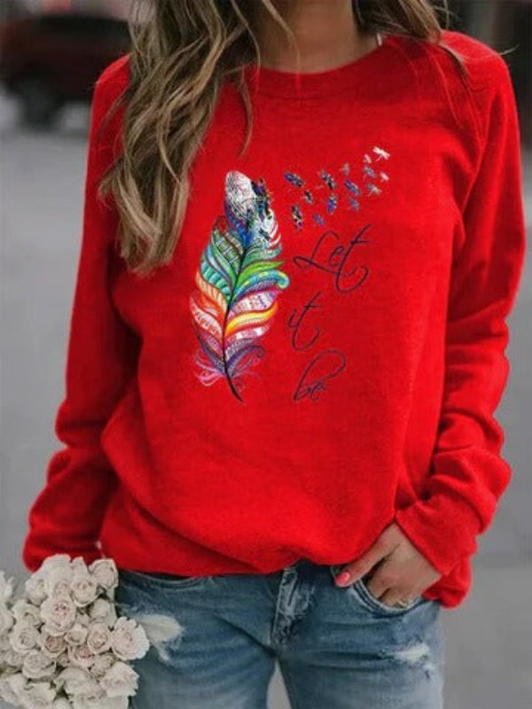 Women’s Pullover – Relaxed Fit – Cotton Feel – Feather Print – Long Sleeve Casual