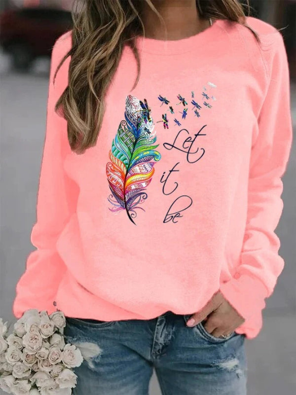 Women’s Pullover – Relaxed Fit – Cotton Feel – Feather Graphic – Long Sleeve Casual