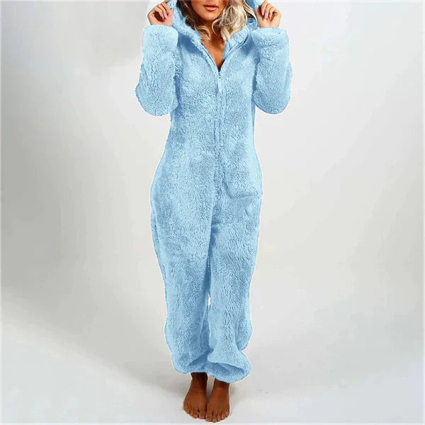 Women’s Onesie – Plush Fuzzy Fabric – Relaxed Fit – Hooded Full Length Loungewear