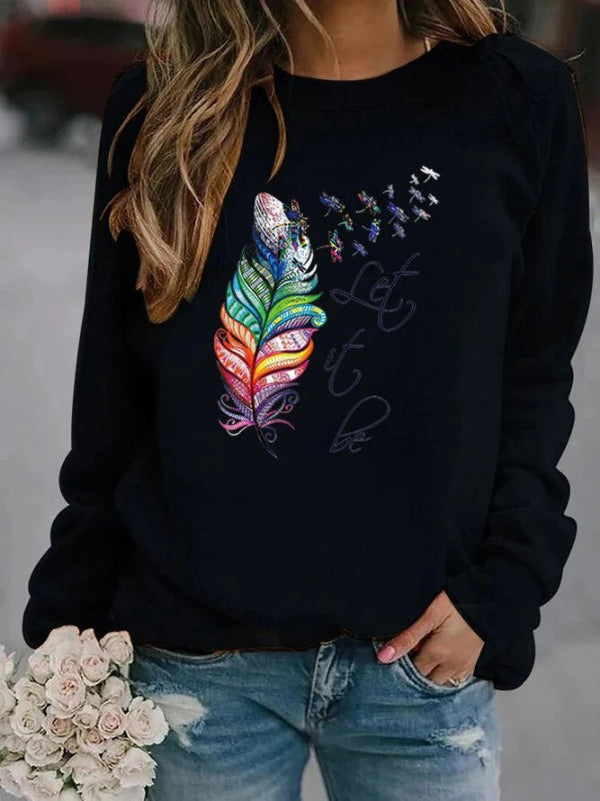 Women’s Pullover – Relaxed Fit – Cotton Feel – Feather Print – Long Sleeve Casual