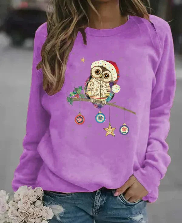 Women’s Sweatshirt – Relaxed Fit – Cotton Blend – Crew Neck – Festive Owl Print