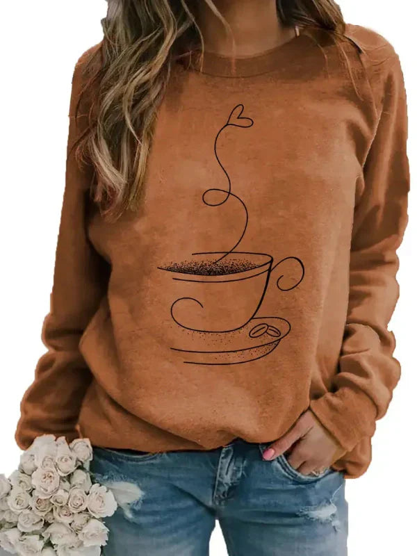 Women’s Sweatshirt – Relaxed Fit – Cotton Blend – Crew Neck – Coffee Cup Graphic Print