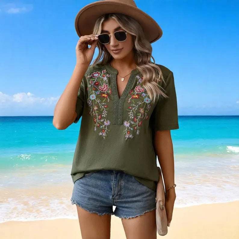 Boho embroidered floral blouse with a V-neck