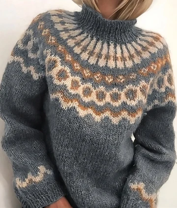 Women’s Turtleneck Sweater – Wool Chunky Knit – Relaxed Fit – Nordic Pattern