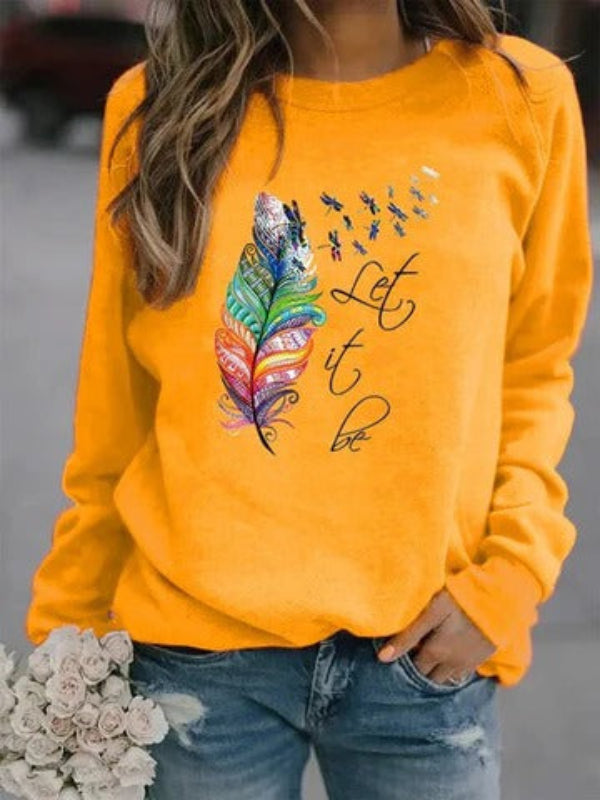 Women’s Pullover – Relaxed Fit – Cotton Feel – Feather Print – Long Sleeve Casual