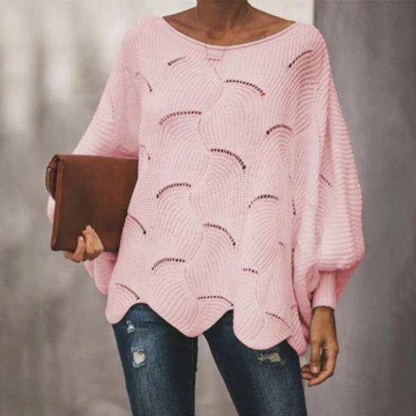 Women’s Knit Sweater – Relaxed Fit – Wool Blend – Batwing Sleeves – Scalloped Hem
