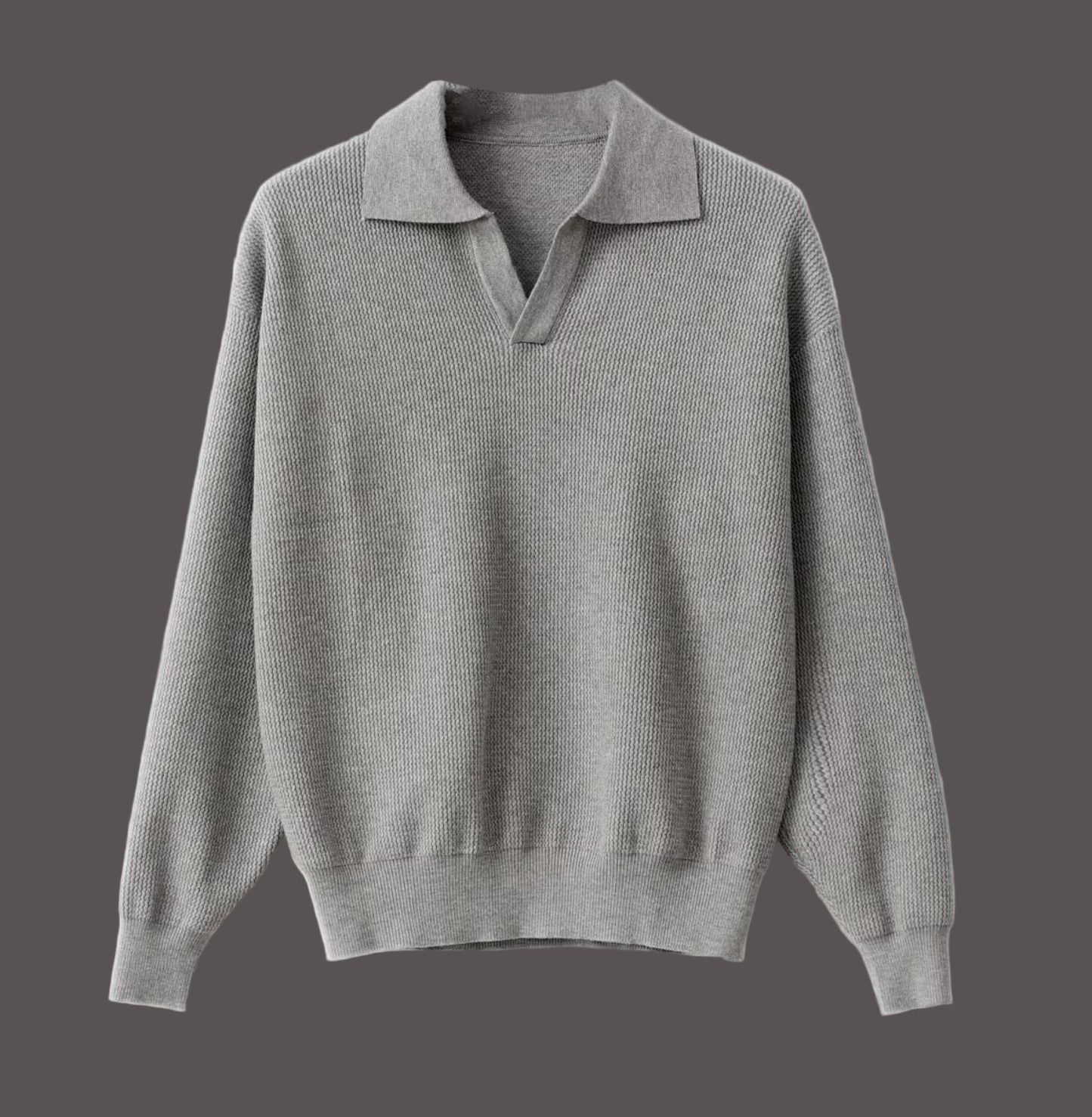 Men's Knit Sweater With Spread Polo Collar Long Sleeves Ribbed Cuffs And Hem For Fall Style