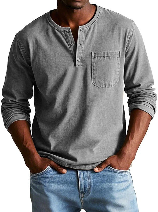 Men's Long Sleeve Top With Chest Pocket Classic Fit Cotton Feel Crew Neck Button Placket