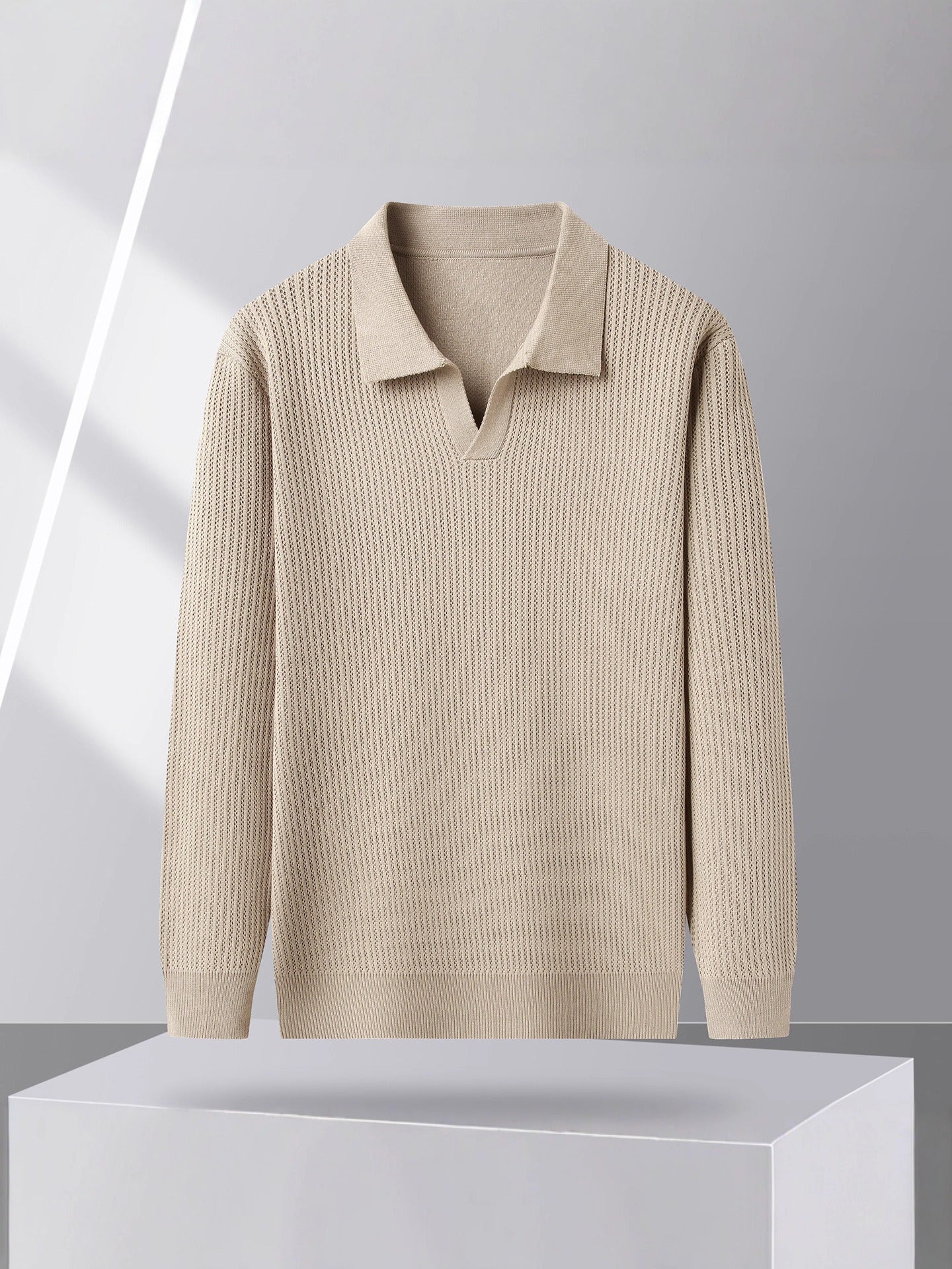 Men's Knit Sweater With Spread Polo Collar Long Sleeves Ribbed Cuffs And Hem For Fall Style