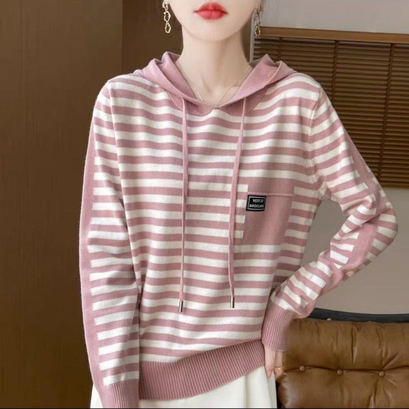 Women’s Sweater Hoodie – Relaxed Fit – Cotton Blend Knit – Striped – Ribbed Cuffs