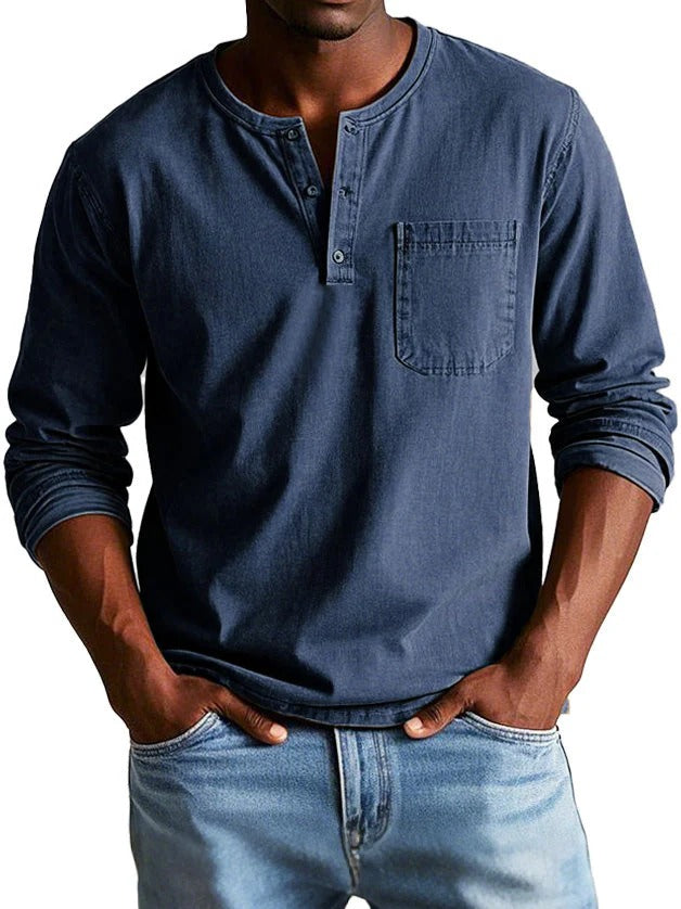 Men's Long Sleeve Top With Chest Pocket Classic Fit Cotton Feel Crew Neck Button Placket