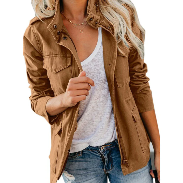Women’s Utility Jacket – Relaxed Fit – Cotton Blend – Zip Front with Button Placket – Multi Pocket