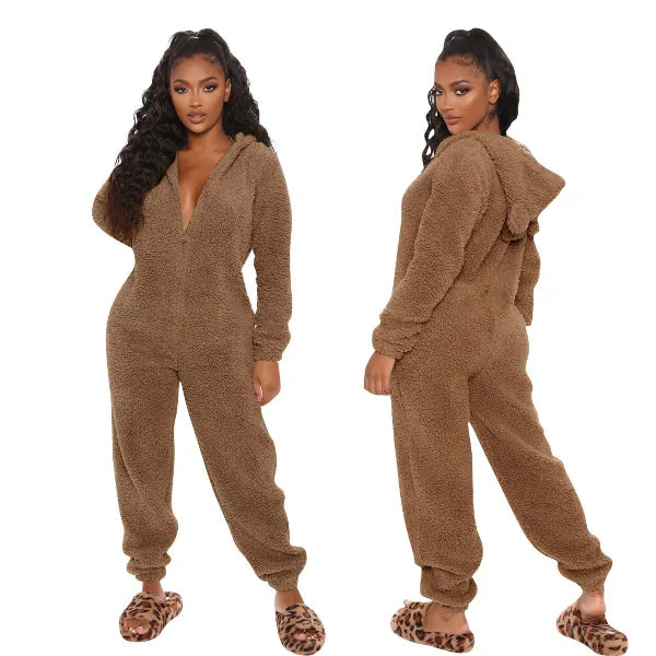Women’s Onesie – Plush Fuzzy Fabric – Relaxed Fit – Hooded Full Length Loungewear