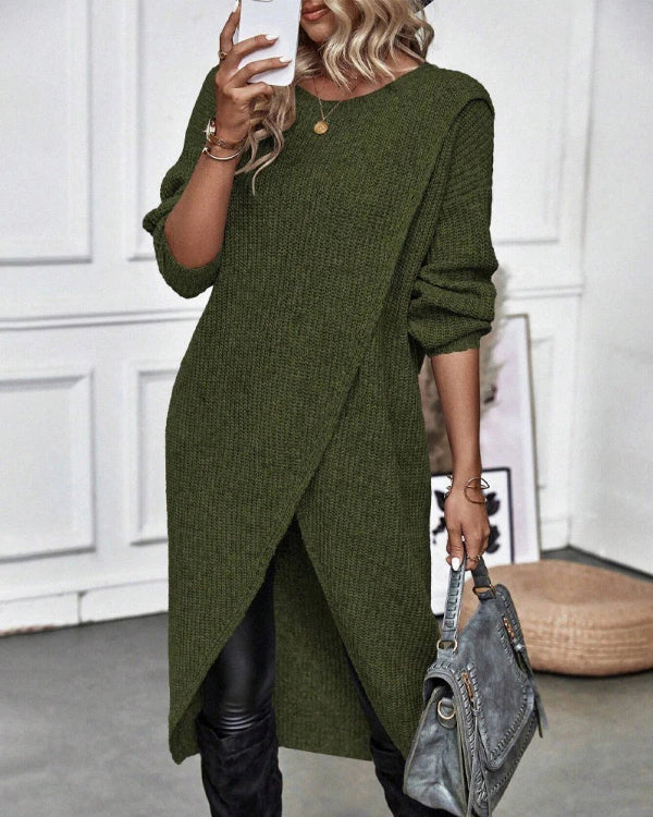 Women’s Long Pullover – Oversized Fit – Ribbed Wool Knit – Asymmetrical Wrap Design