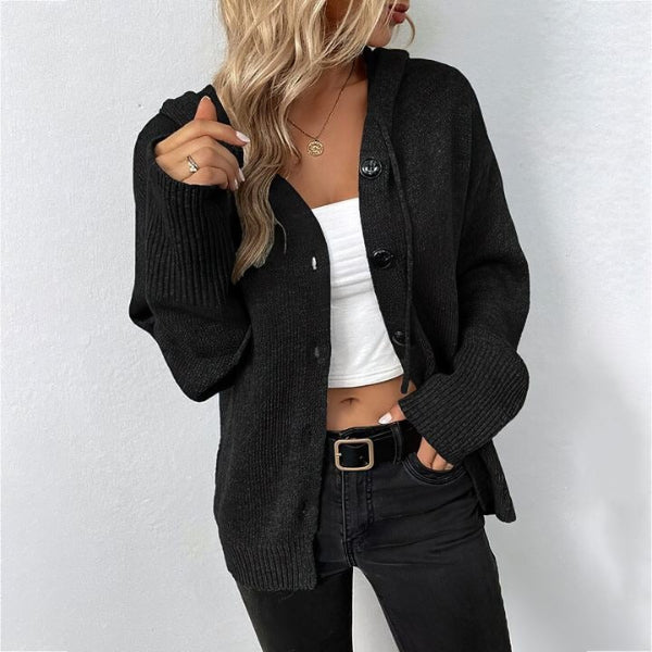 Women’s Knit Cardigan – Relaxed Fit – Wool Blend – Hooded – Button Front – Ribbed Trim