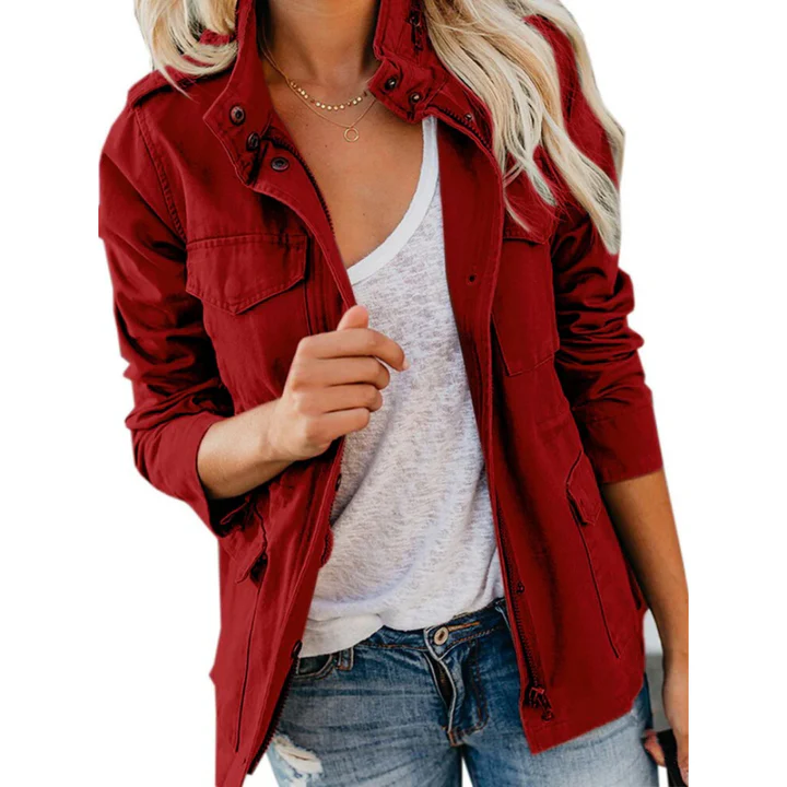 Women’s Utility Jacket – Relaxed Fit – Cotton Blend – Zip Front with Button Placket – Multi Pocket