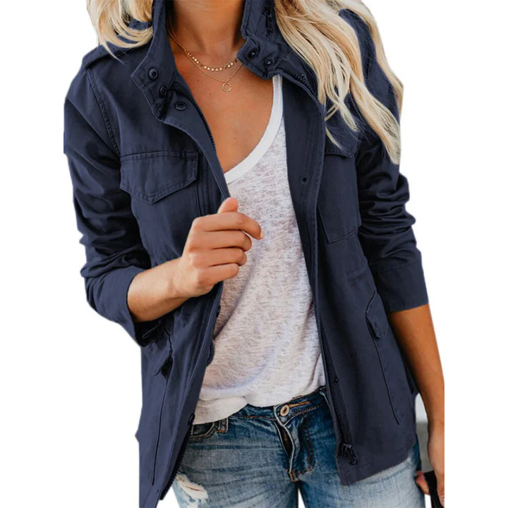 Women’s Utility Jacket – Relaxed Fit – Cotton Blend – Zip Front with Button Placket – Multi Pocket