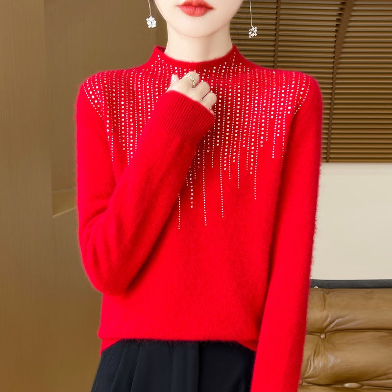 Women’s Sweater – Wool Knit – Loose Fit – High Neck – Embellished Diamond Pattern