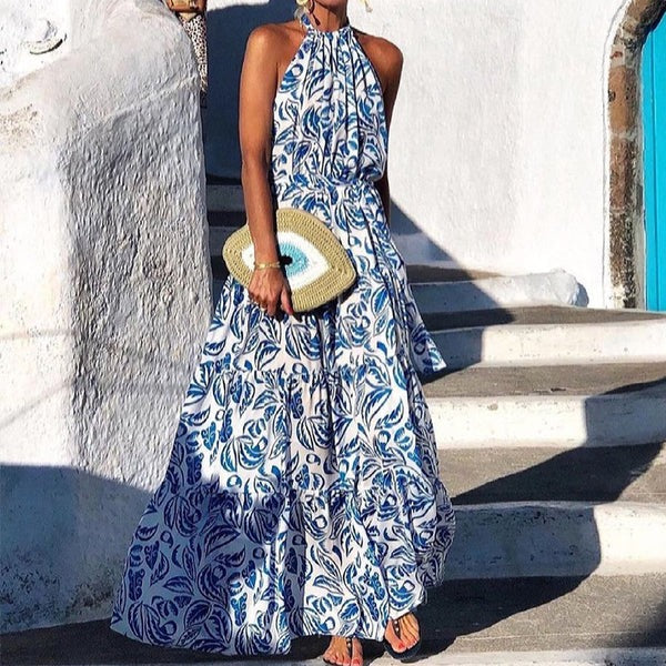 Women’s Maxi Dress – Halter Neck – Floral Print – Tiered Skirt – Flowy Cotton Blend