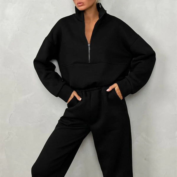 Women’s Two-Piece Sweat Set – Relaxed Fit – High Collar Half Zip Top – Cotton Blend – Elastic Waist