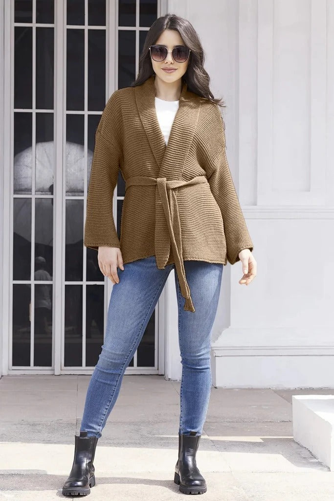Women’s Cardigan – Ribbed Knit – Shawl Collar – Belted Waist – Mid Length Fit