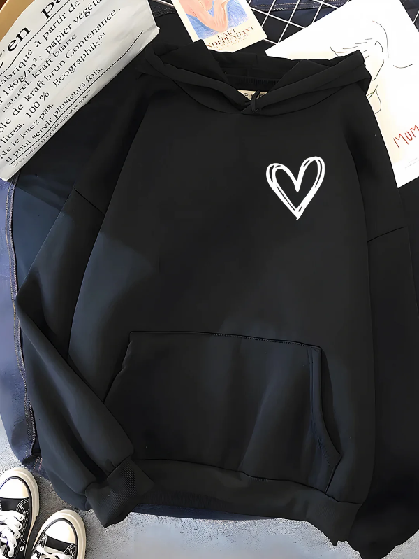 Women’s Hooded Sweatshirt – Relaxed Fit – Cotton Blend – Heart Print – Kangaroo Pocket