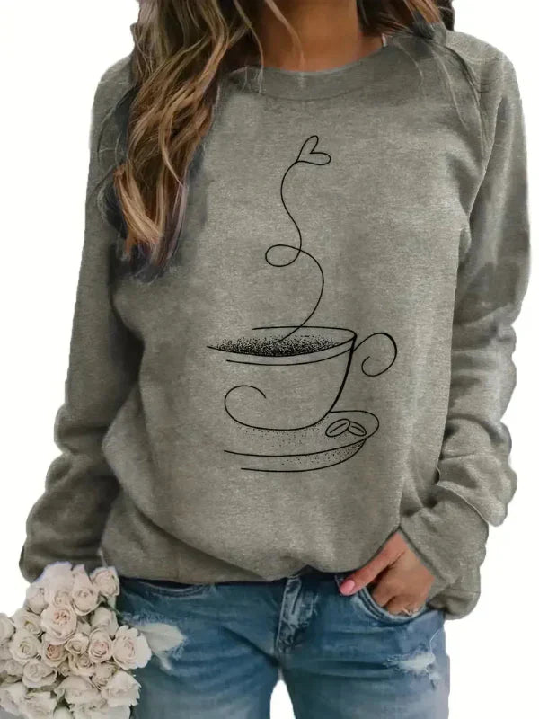 Women’s Sweatshirt – Relaxed Fit – Cotton Blend – Crew Neck – Coffee Cup Graphic Print