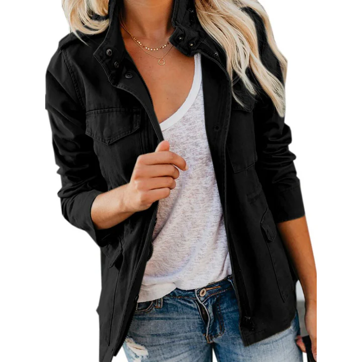 Women’s Utility Jacket – Relaxed Fit – Cotton Blend – Zip Front with Button Placket – Multi Pocket