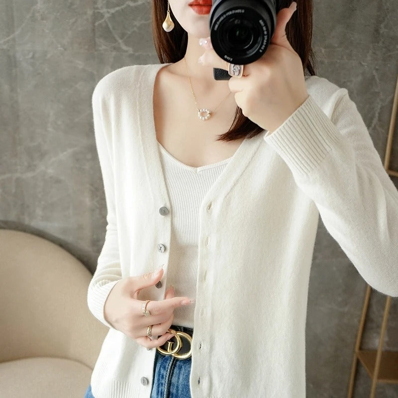 Women’s Cardigan – Wool Blend – Relaxed Fit – V-Neck – Button Front – Ribbed Trim