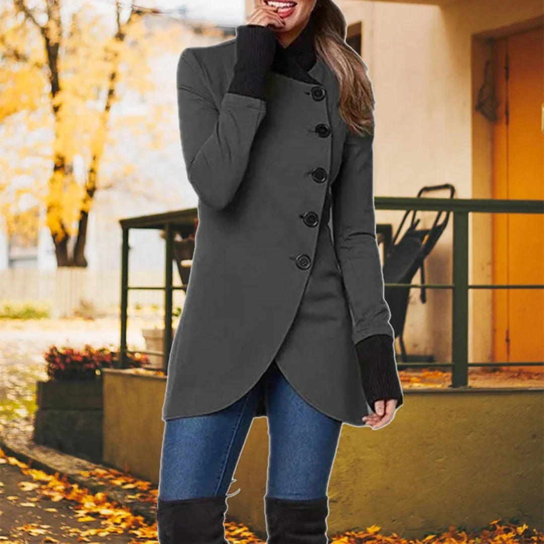 Women’s Jacket – Asymmetrical Button-Up – Tailored Fit – High Collar – Mid-Thigh Length