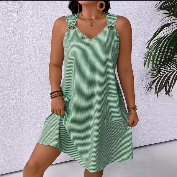 Women’s A-Line Dress – V-Neck – Striped – Ring Shoulder Detail – Knee Length – Pockets